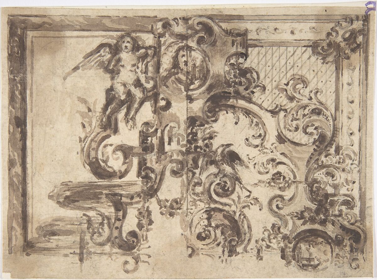 Design for an Overmantel or Door with a Variant, Anonymous, French, 19th century, Brush and brown wash with traces of crayon 