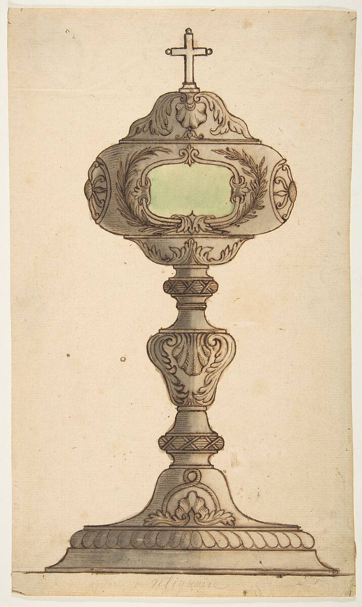 Reliquary Design, Anonymous, French, 19th century, Pen and brown ink with gray and green wash on laid paper 