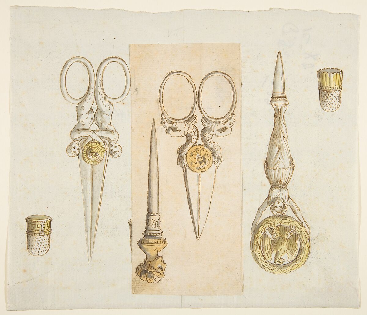 Designs for Scissors, Punches, and Thimbles, Anonymous, French, 19th century, Pen and brown ink with gray and yellow wash 
