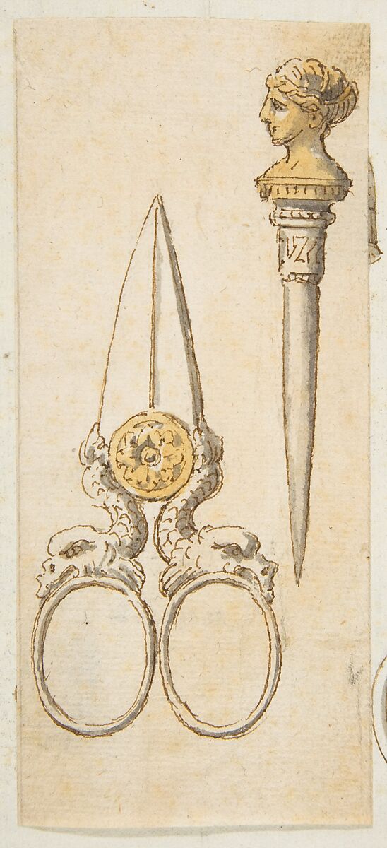 Designs for Scissors and Letter Opener, Anonymous, French, 19th century, Pen and brown ink with gray and yellow wash 