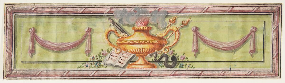Ornamental Panel with Flaming Lamps and Sheet Music, Anonymous, French, 19th century, Watercolor on vellum 