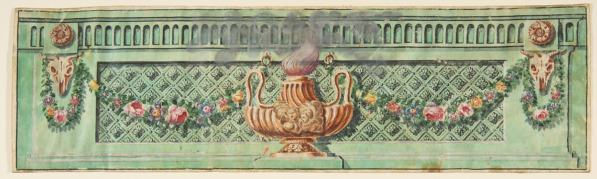 Ornamental Panel with Flaming Lamp and Floral Swags, Anonymous, French, 19th century, Watercolor on vellum 
