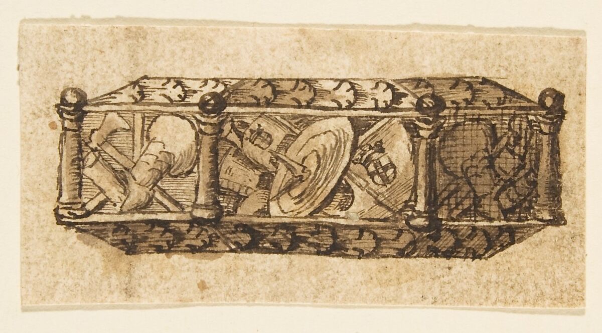Design for an Object (Casket?) Decorated with Armorial Trophies and Foliage, Anonymous, French, 19th century, Pen and brown ink with brown wash 