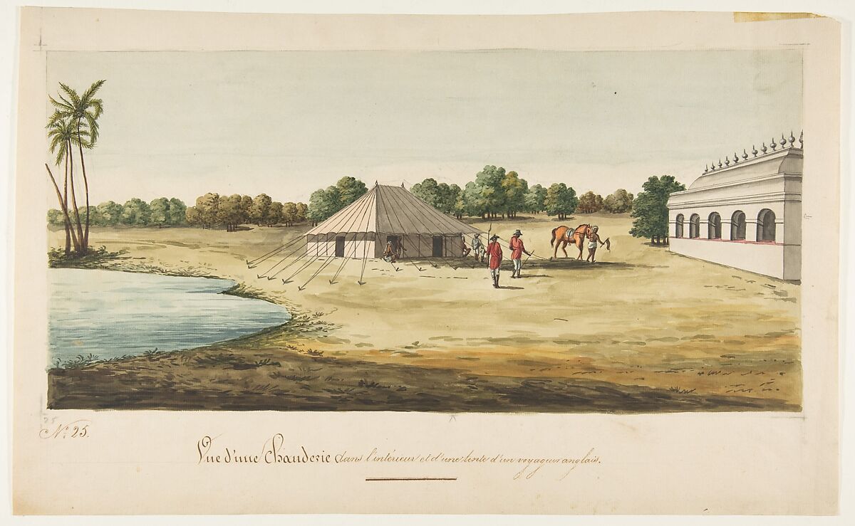 View of a Chaudézie in the interior of an English traveller's tent, Anonymous, French, 19th century, Black ink and watercolor over graphite on laid paper 