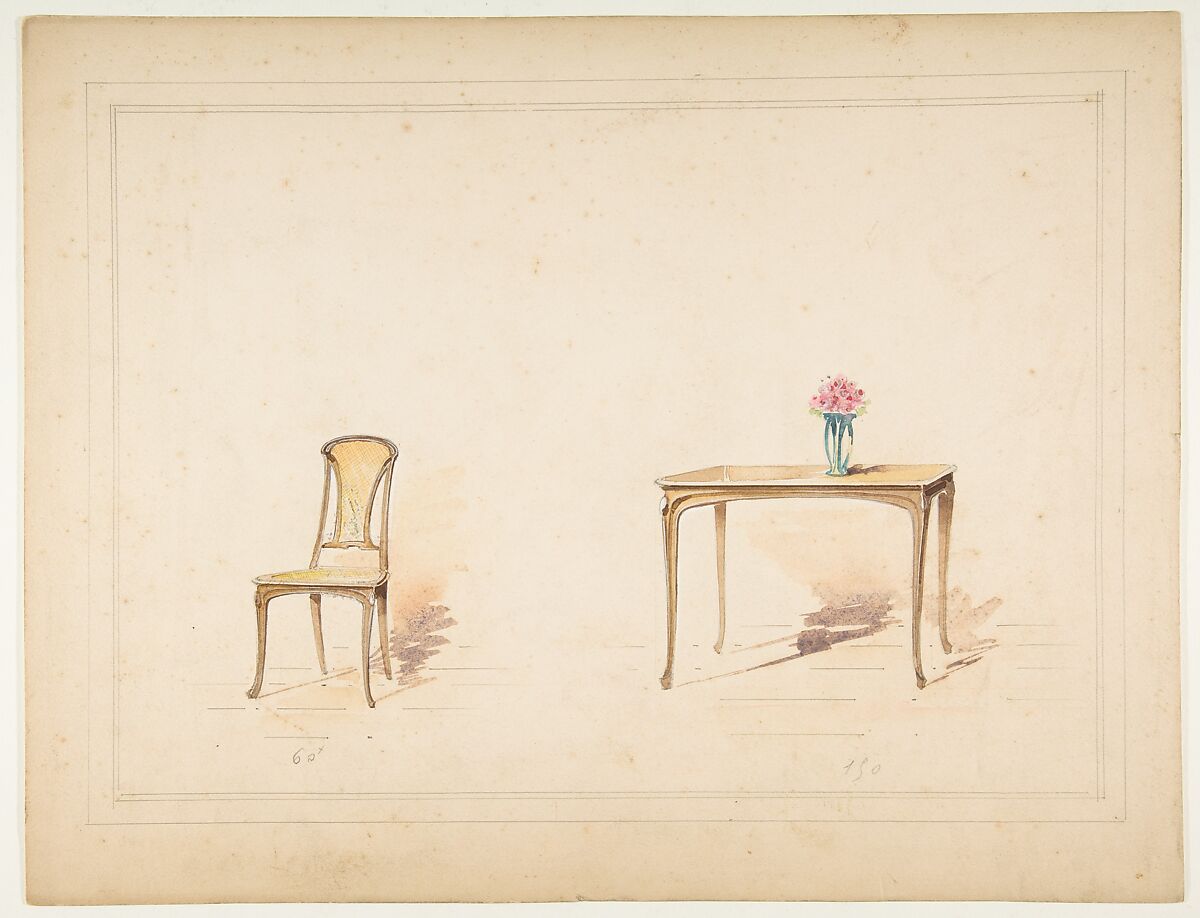 Designs for an Art Nouveau Table and Chair, Anonymous, French, 19th century, Watercolor over graphite with touches of gouache on heavy wove paper 