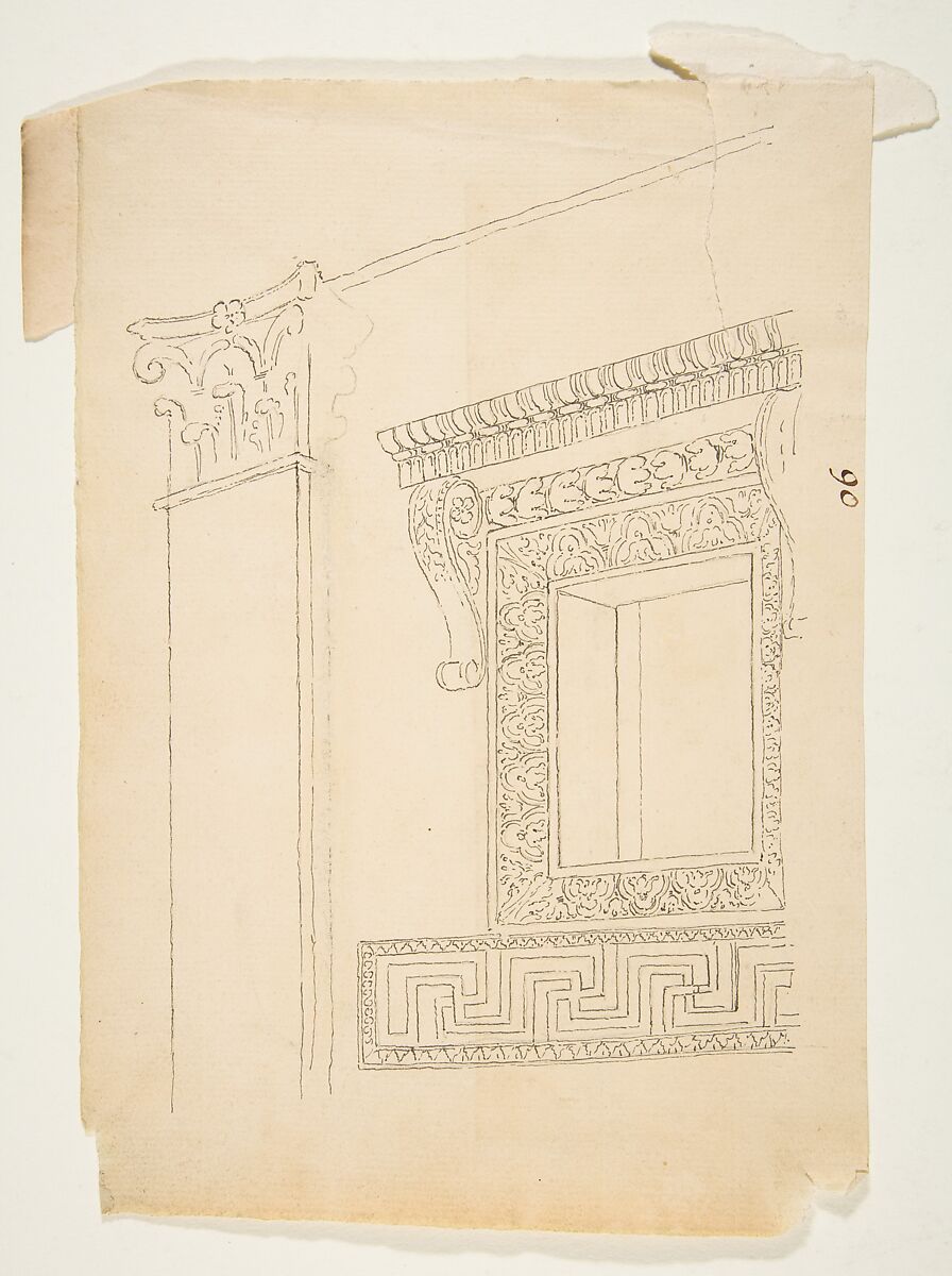 Drawing After an Architectural Fragment with a Corinthian pilaster, Anonymous, French, 19th century, Pen and ink over graphite on laid paper 