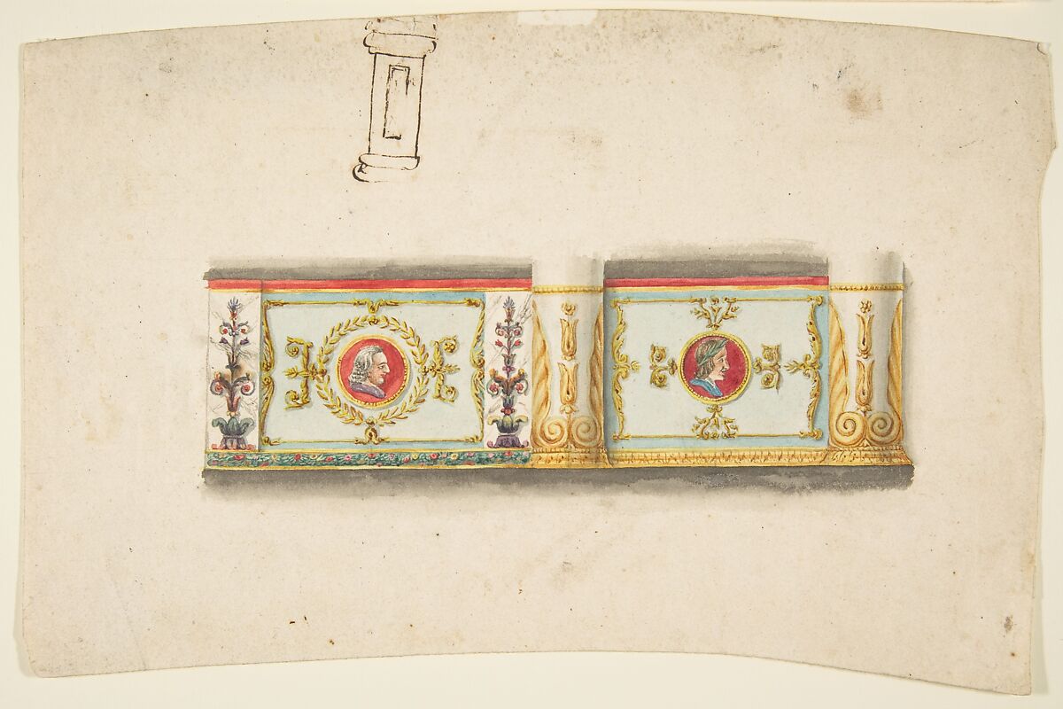 Design for a Decorative Wall Panel with Profile Portraits, and a Study for a Column, Anonymous, French, 19th century, Watercolor on wove paper (wall panel); pen and ink (column) 