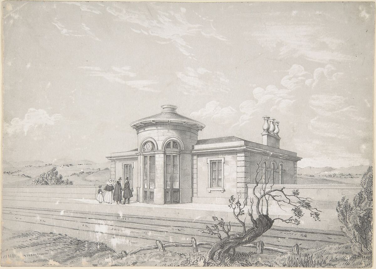 Design for a Railroad Station, Anonymous, French, 19th century, Graphite heightened with white on heavy wove paper 