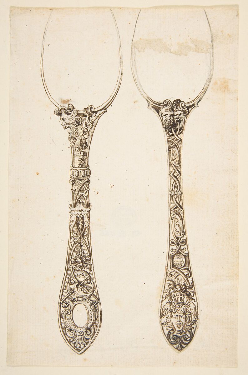 Spoon Designs, Anonymous, French, 19th century, Pen and brown ink over graphite on laid paper 
