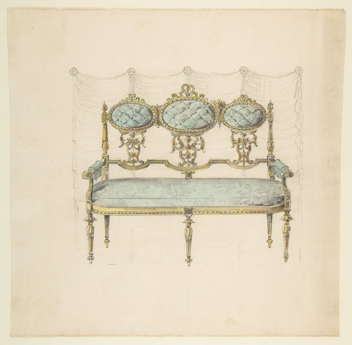Design for a Settee, Anonymous, French, 19th century, Graphite with watercolor on wove paper 