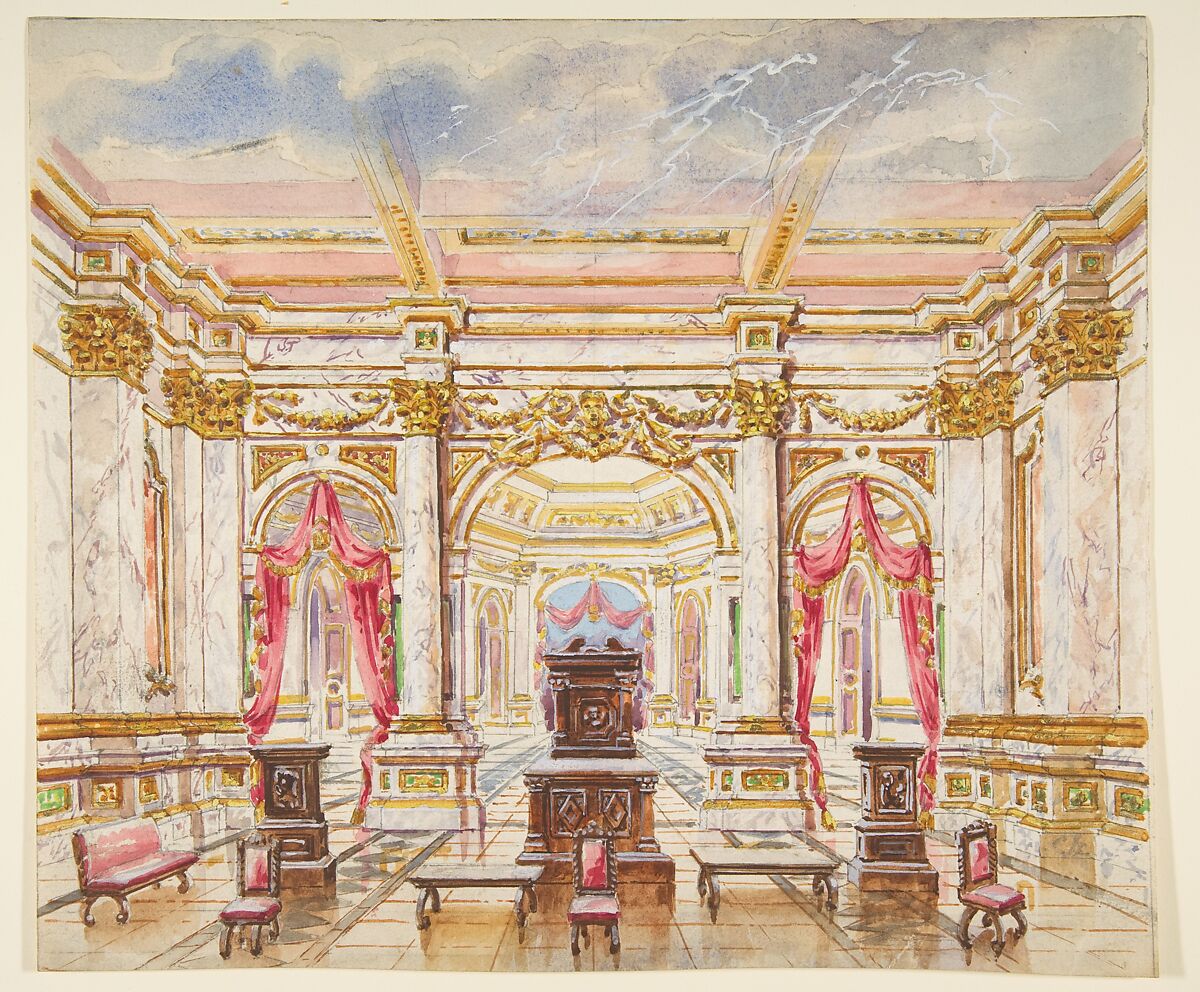 Interior with Marble and Gilt Decor, Anonymous, French, 19th century, Watercolor on wove paper 