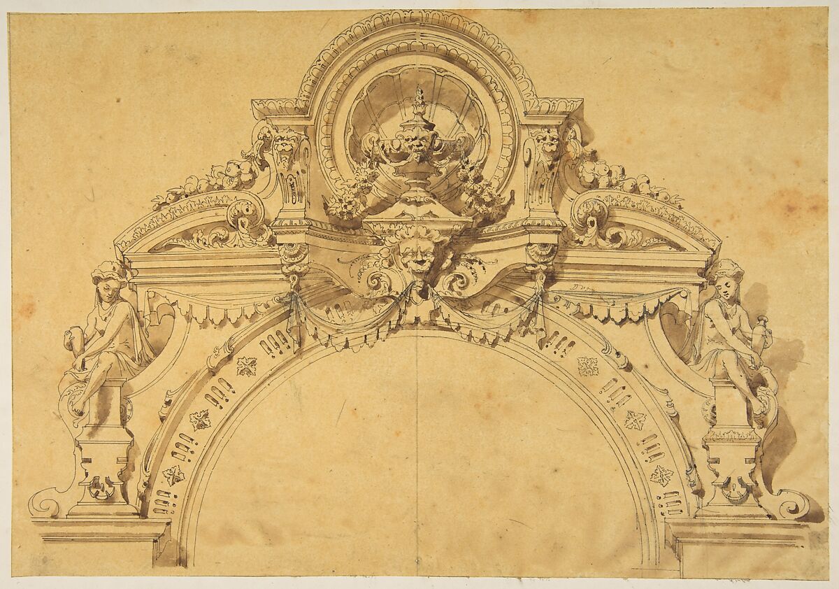 Design for an elaborate arch, Anonymous, French, 19th century, Pen and ink and wash on yellow paper 
