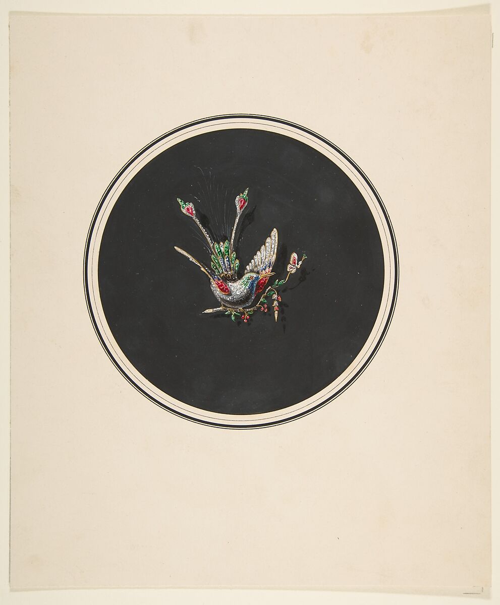 Design for a brooch with a bird motif, Anonymous, French, 19th century, Gouache on cardboard 