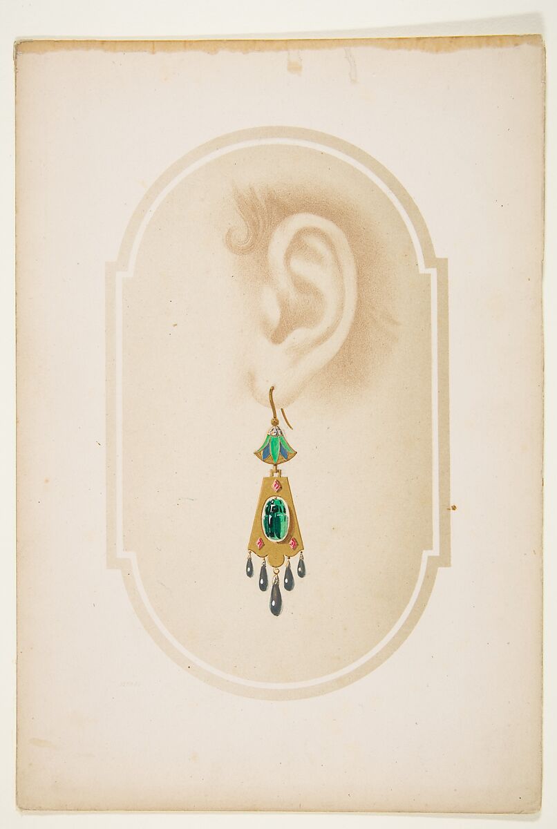 Design for an earring with a green scarab, Anonymous, French, 19th century, Ink and watercolor on cardboard 