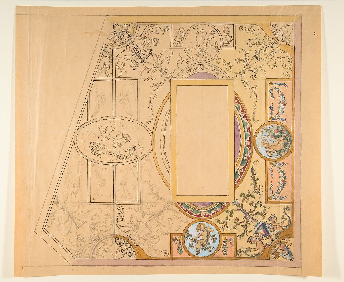 Design for a ceiling decoration, Anonymous, French, 19th century, Graphite, pen, and ink with watercolor and gouache on peach wove paper 