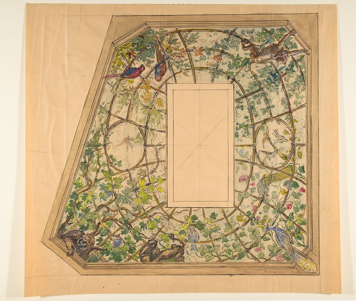 Design for a ceiling decoration, Anonymous, French, 19th century, Watercolor over graphite 