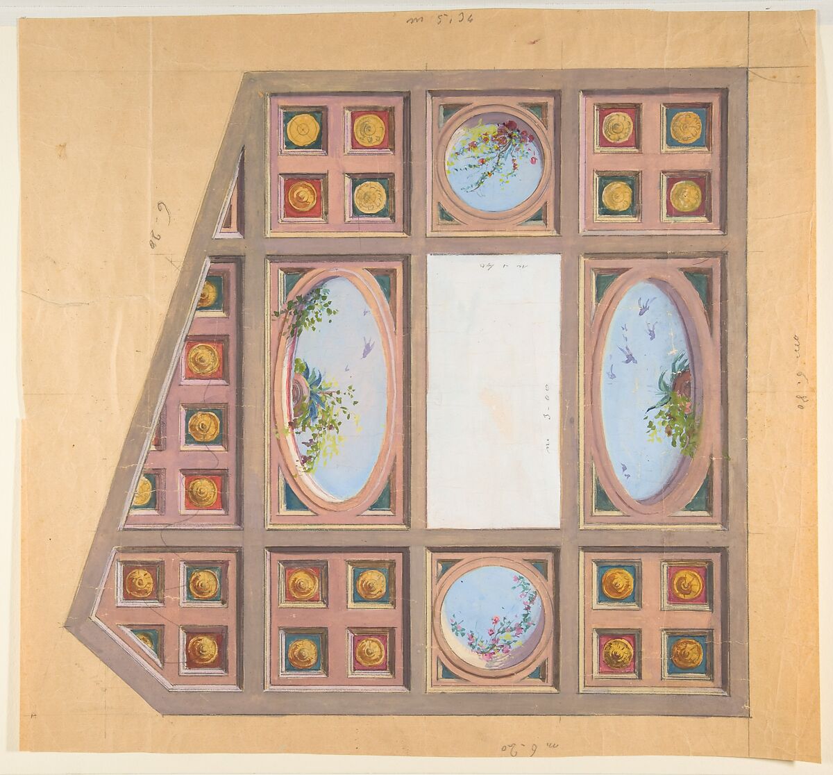 Design for a ceiling decoration, Anonymous, French, 19th century, Watercolor and graphite 