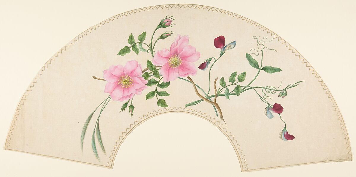 Fan Design with Flower Motifs, Anonymous, French, 19th century, Watercolor over graphite 