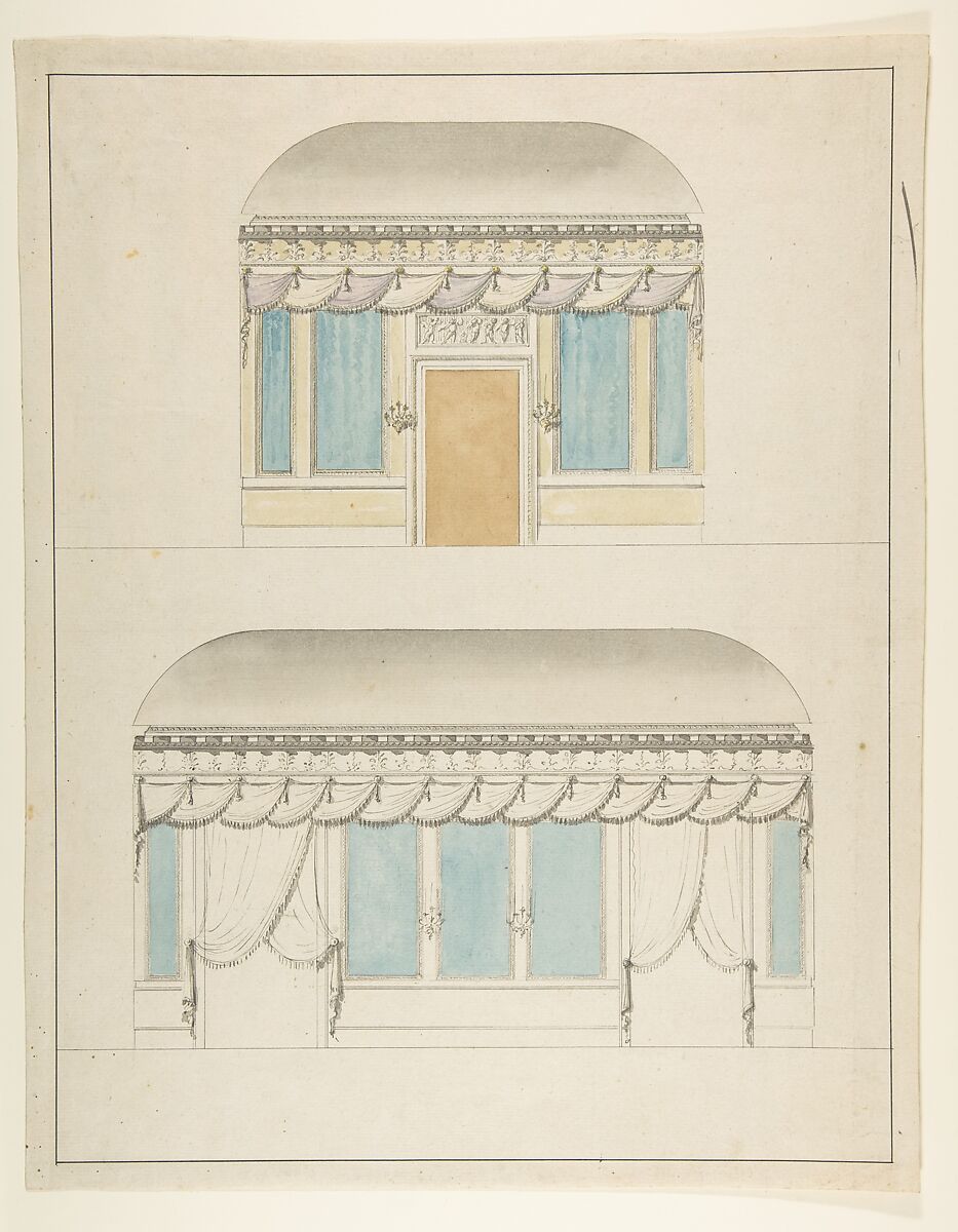 Room elevations, Anonymous, French, 19th century, Pen and ink and watercolor on laid paper 