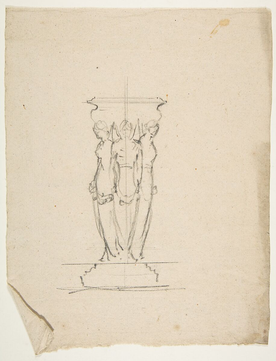 Desing for a base or support with three female figures, Anonymous, French, 19th century, Black chalk on laid paper 