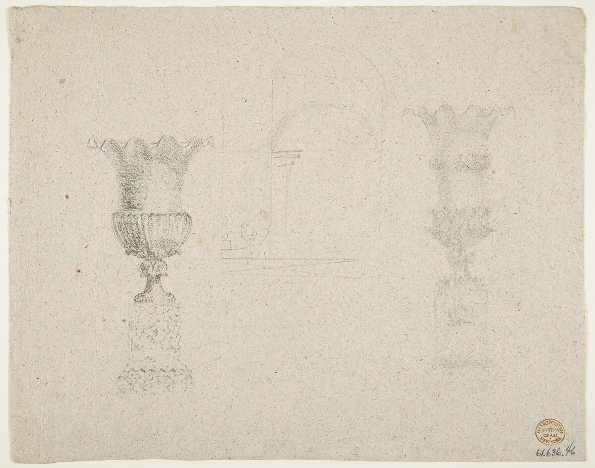 Design for an urn (verso); Designs for two urns (recto), Anonymous, French, 19th century, Black chalk