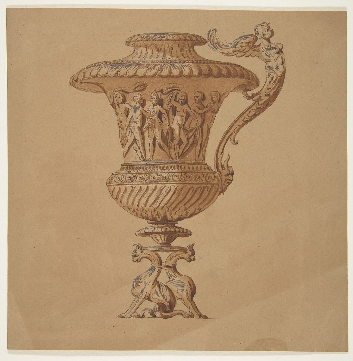 Design for a vessel, Anonymous, French, 19th century, Graphite and brown wash on tan wove paper 