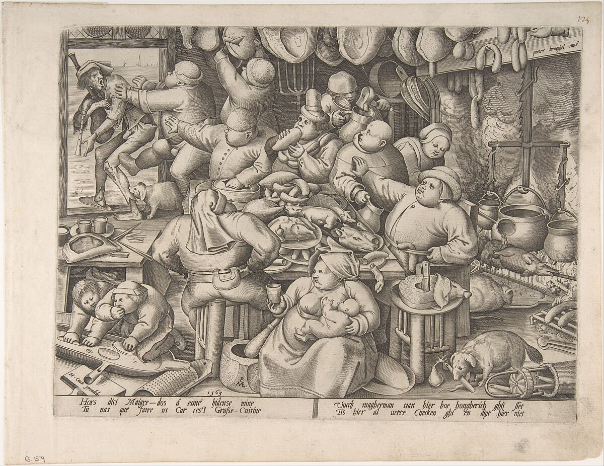 The Fat Kitchen, After Pieter Bruegel the Elder (Netherlandish, Breda (?) ca. 1525–1569 Brussels), Engraving; first state 
