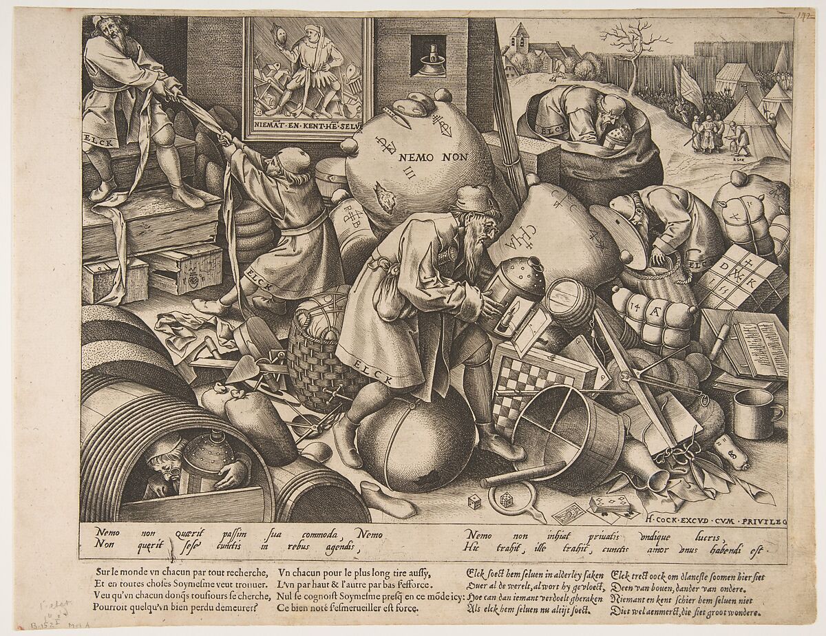 Everyman, After Pieter Bruegel the Elder (Netherlandish, Breda (?) ca. 1525–1569 Brussels), Engraving with letterpress text; first state of two with letterpress text version B 