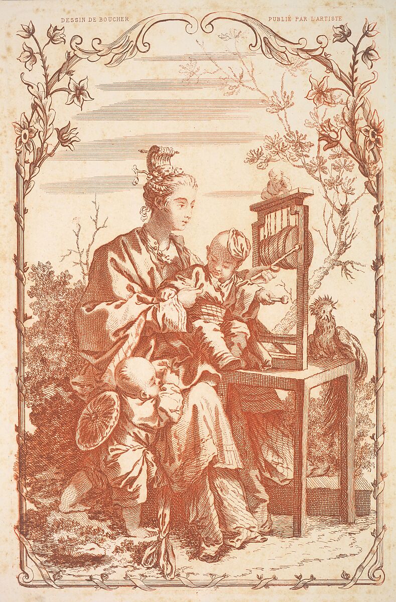 A Woman and Children Playing with a Chinese Gong, After François Boucher (French, Paris 1703–1770 Paris), Etching in red ink on wove paper 