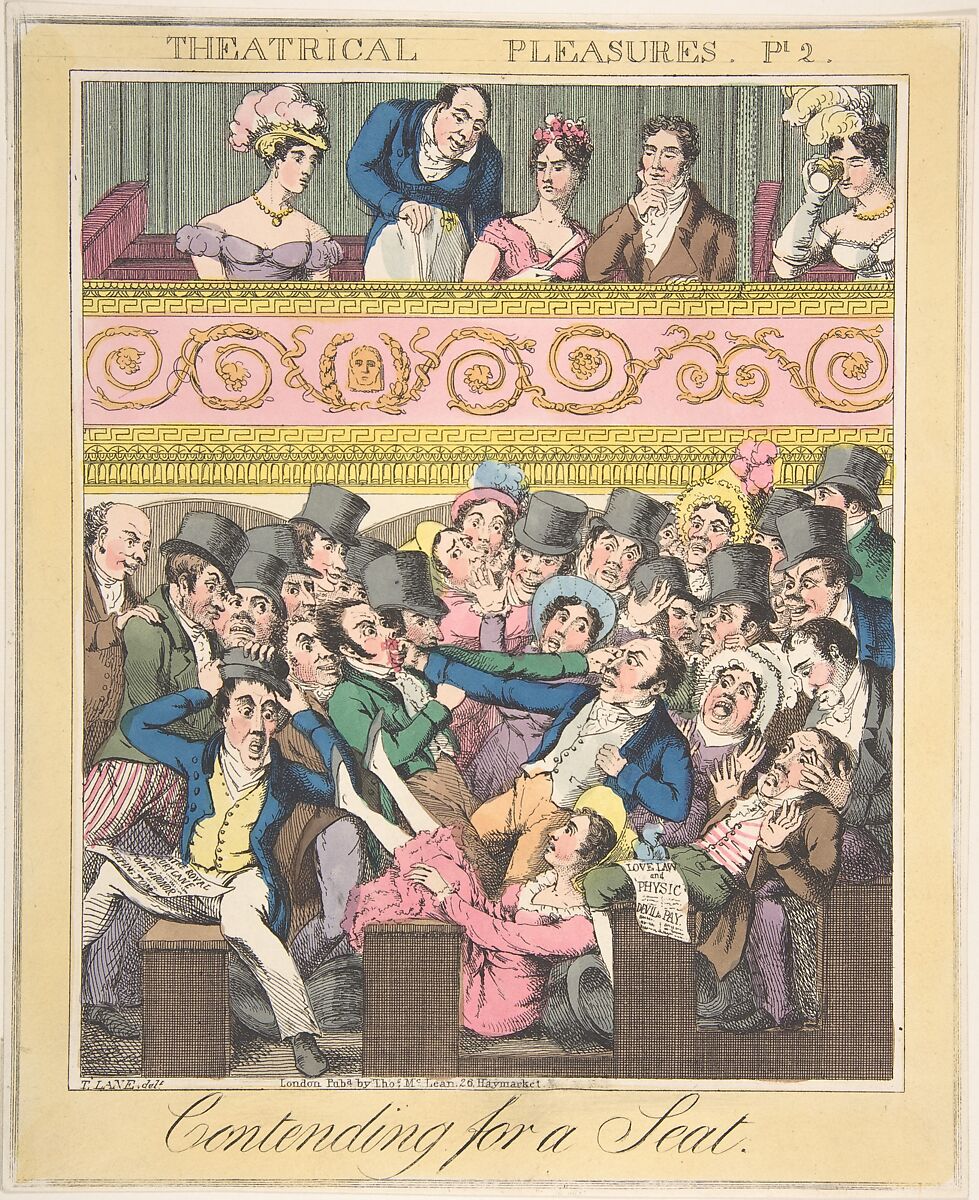 Theatrical Pleasures, Plate 2: Contending for a Seat, Theodore Lane (British, Isleworth ca. 1800–1828 London), Hand-colored etching 