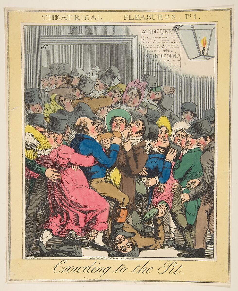 Theatrical Pleasures, Plate 1: Crowding to the Pit, Theodore Lane (British, Isleworth ca. 1800–1828 London), Hand-colored etching 