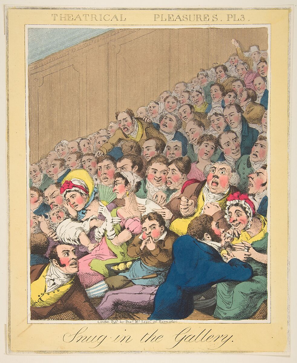 Theatrical Pleasures, ( Snug in the Gallery, Plate 3), Theodore Lane (British, Isleworth ca. 1800–1828 London), Hand-colored etching 