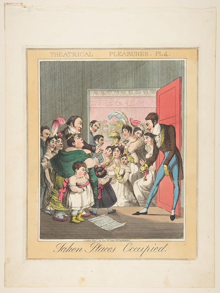 Theatrical Pleasures, Plate 4: Taken Places Occupied, Theodore Lane (British, Isleworth ca. 1800–1828 London), Hand-colored etching 