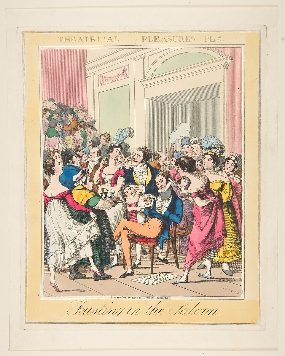 Theatrical Pleasures, Plate 5: Feasting in the Saloon, Theodore Lane (British, Isleworth ca. 1800–1828 London), Hand-colored etching 