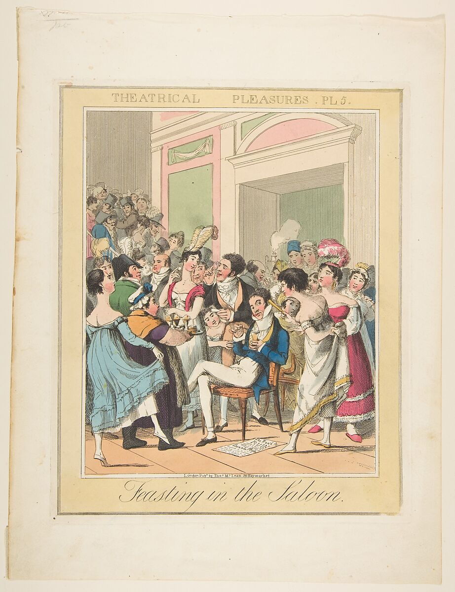 Theatrical Pleasures, Plate 5: Feasting in the Saloon, Theodore Lane (British, Isleworth ca. 1800–1828 London), Hand-colored etching 