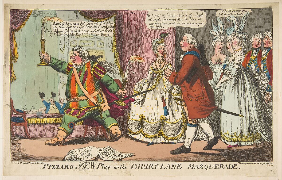 Pizzaro a New Play or the Drury-Lane Masquerade, Anonymous, British, 18th century, Hand-colored etching 