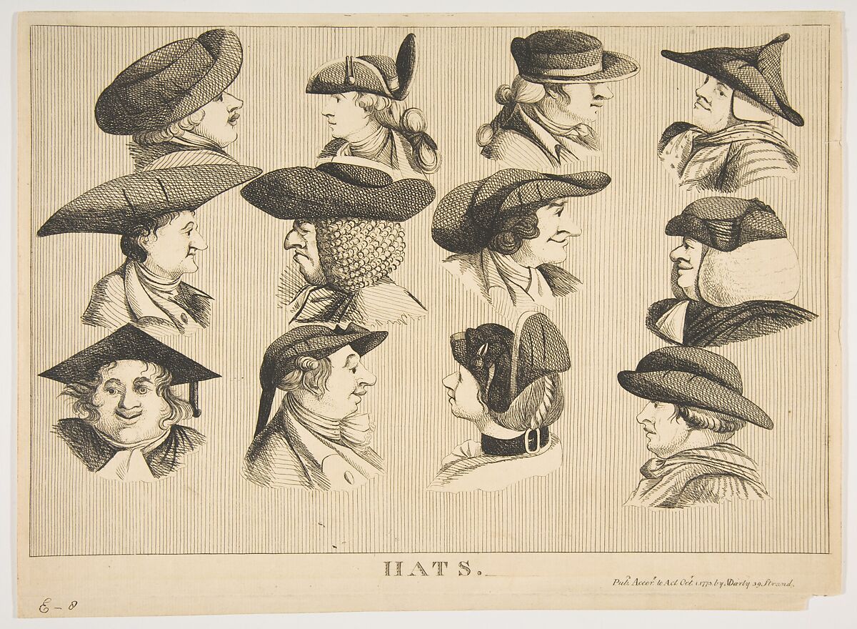 Hats, Matthias Darly (British, ca. 1721–1780 London), Etching 