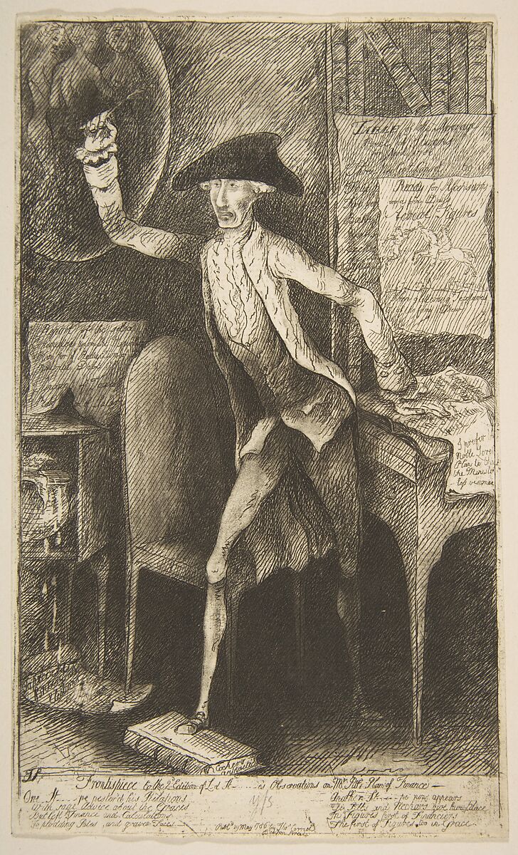 Frontispiece to the 2nd Edition of Lord St[anhop]e's Observations on Mr. Pitt's Plan of Finance, James Sayers (British, 1748–1823), Etching and aquatint 