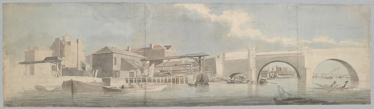 Westminster Bridge, the Surrey side, Samuel Scott (British, London ca. 1702–1772 Bath), Watercolor and black chalk, with touches of pen and ink 