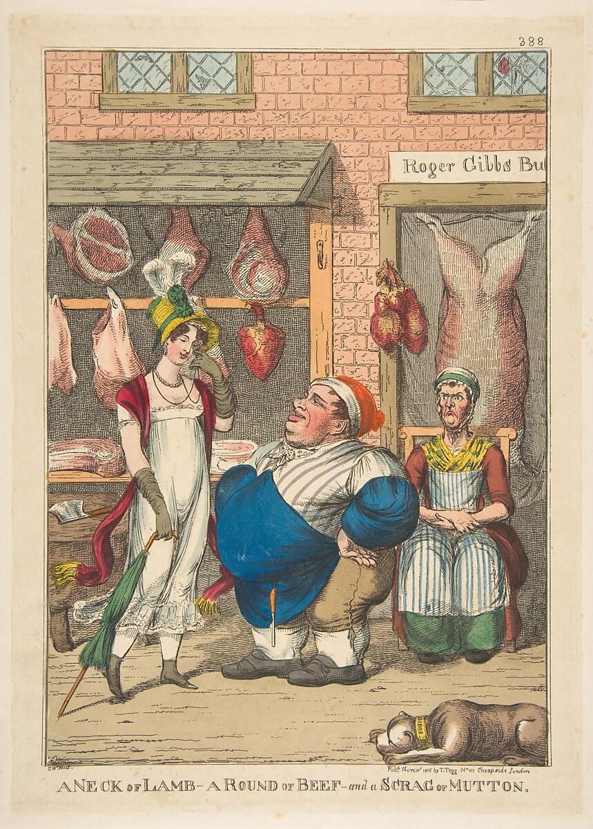 A Neck of Lamb, a Round of Beef, and a Scrag of Mutton, Charles Williams (British, active 1797–1830), Hand-colored etching 