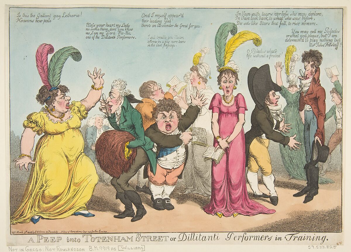 A Peep into Tottenham Street or Dillitanti Performers in Training, Charles Williams (British, active 1797–1830), Hand-colored etching 