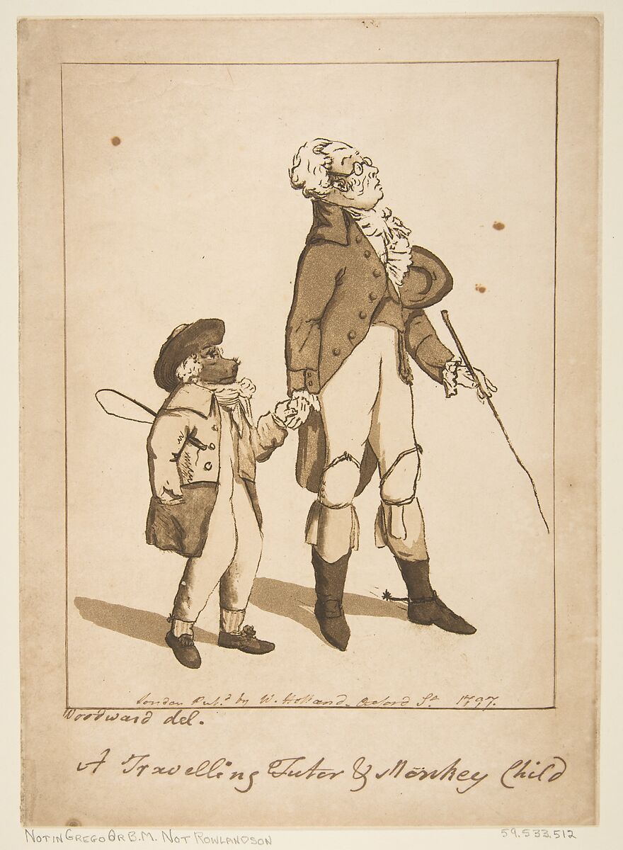 A Travelling Tutor and Monkey Child, George Murgatroyd Woodward (British, 1765–1809 London), Etching and aquatint 