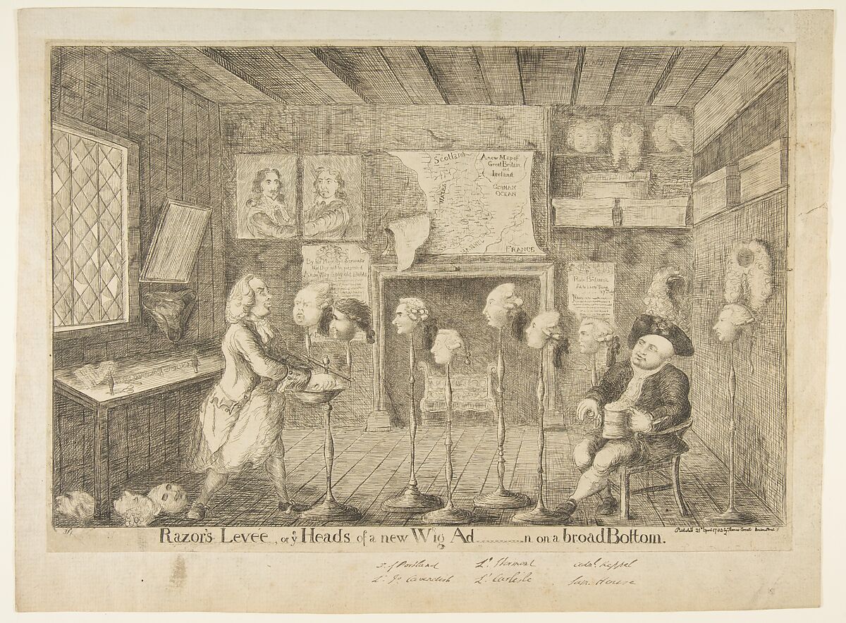 Razor's Levée, or Ye Heads of a New Wig Ad[ministration] on a Broad Bottom, James Sayers (British, 1748–1823), Etching 