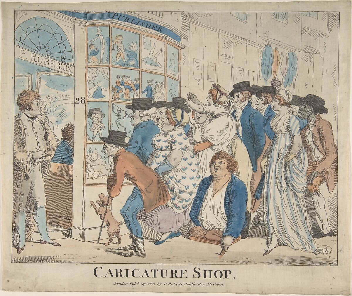 Caricature Shop of Piercy Roberts, 28 Middle Row, Holborn, Piercy Roberts (British, active 1795–1827) (published London), Hand-colored etching 