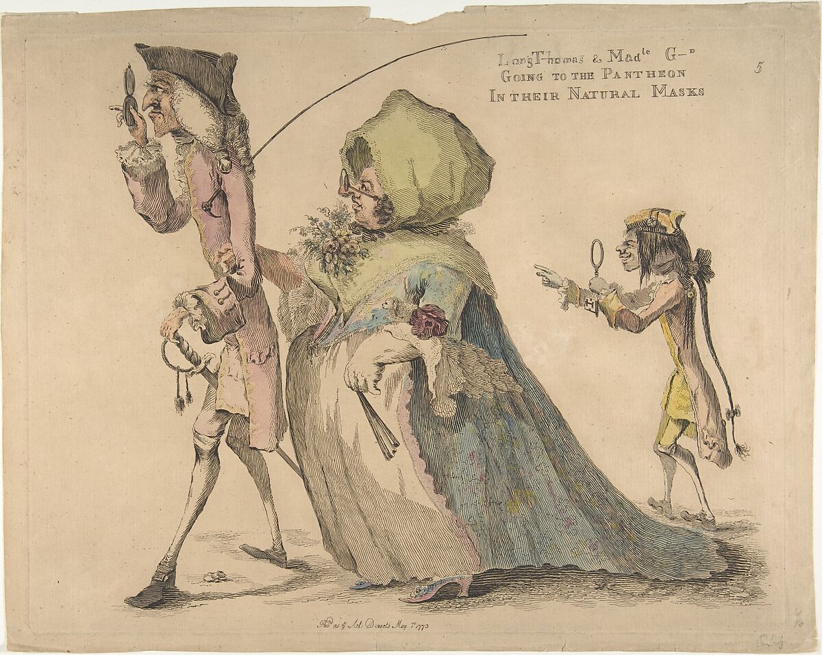 Long Thomas and Mad-le G-d Going to the Pantheon in Their Natural Masks, William Austin (British, London 1721/33–1820 Brighton), Hand-colored etching 