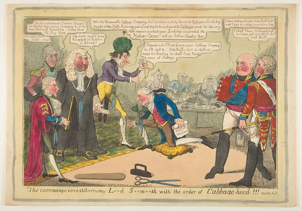 The Ceremony of Investiture of My L**d S**m**th with the Order of Cabbage-hood, J. Lewis Marks (British, active 1814–32 or later), Hand-colored etching 