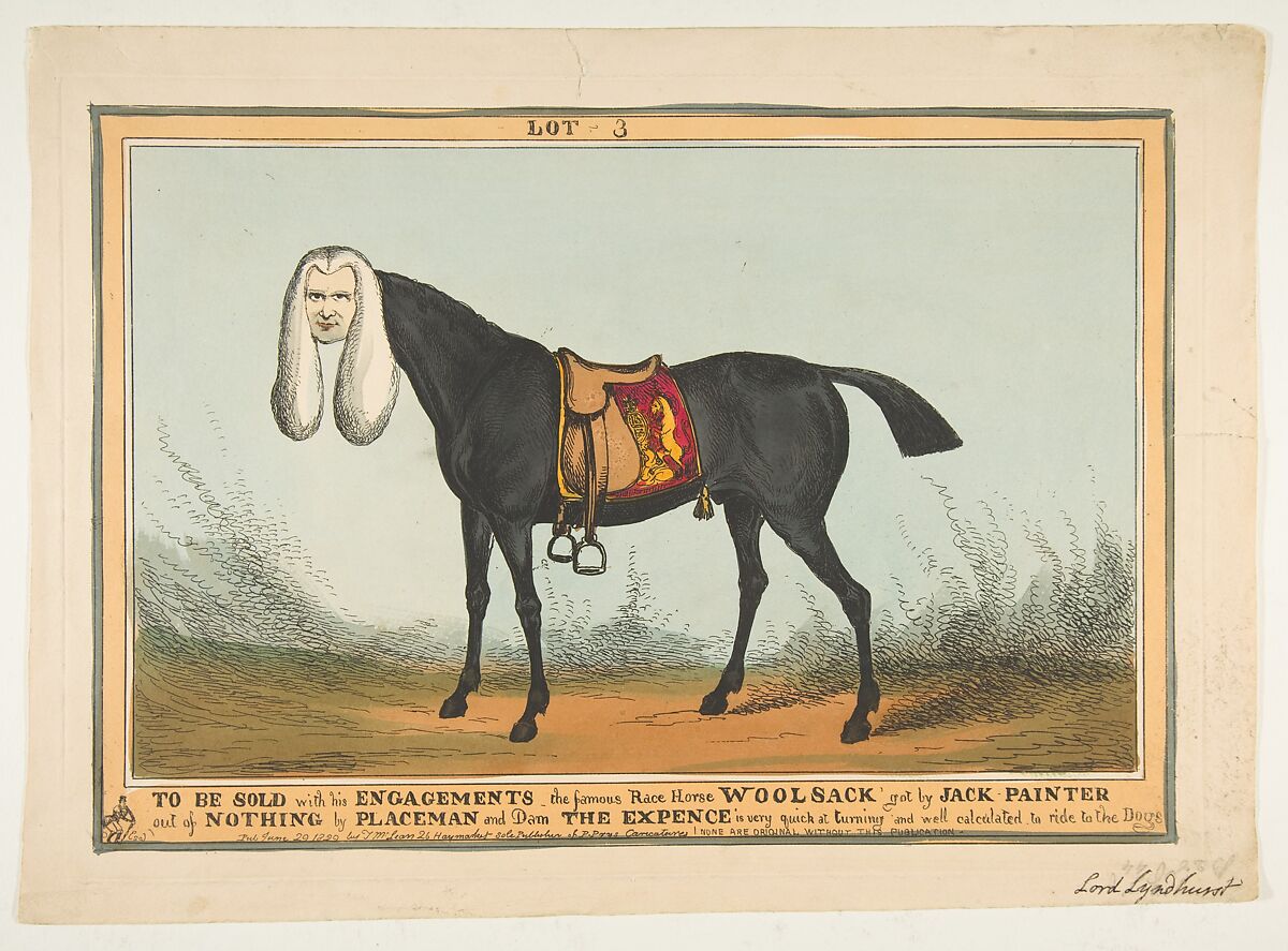 To Be Sold With All His Engagements–The Famous Race Horse Woolsack, William Heath (&#39;Paul Pry&#39;) (British, Northumbria 1794/95–1840 Hampstead), Hand-colored etching 