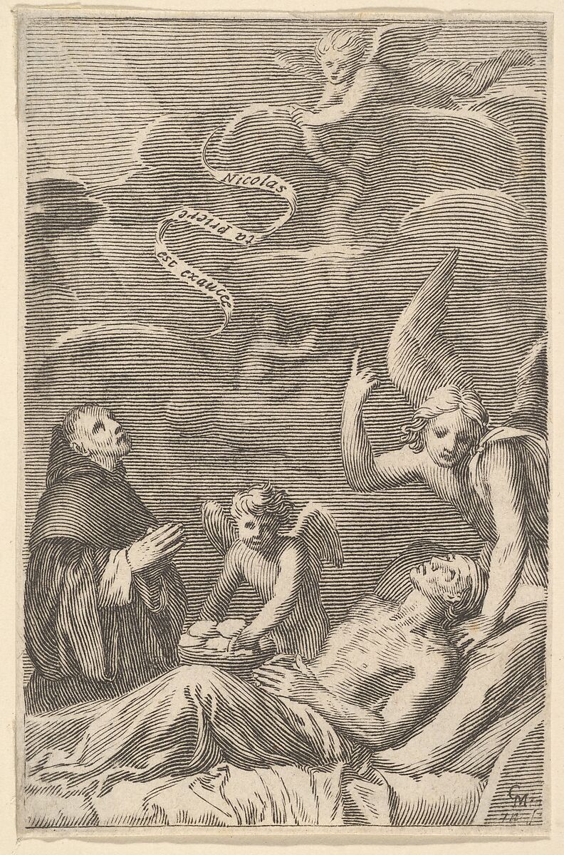 St. Nicolas Praying for a Dying Man, Claude Mellan (French, Abbeville 1598–1688 Paris), Engraving; second state of two (BN) 
