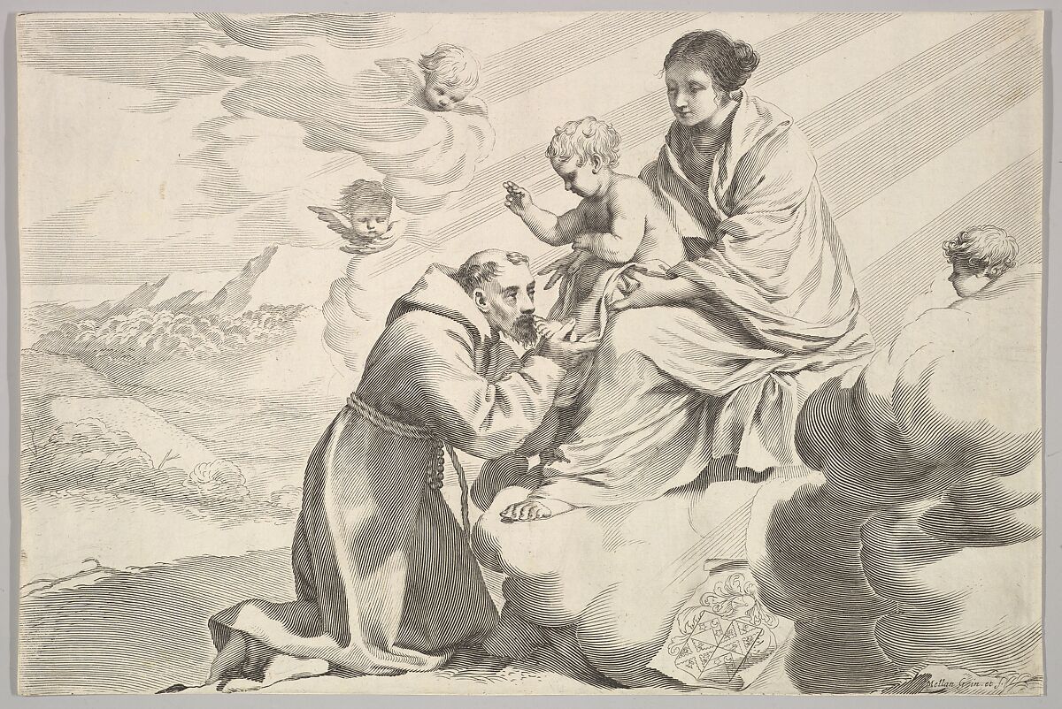 St Francis of Assisi Adoring the Christ Child on the Virgin's Lap, Claude Mellan (French, Abbeville 1598–1688 Paris), Engraving; second state of two (BN) 