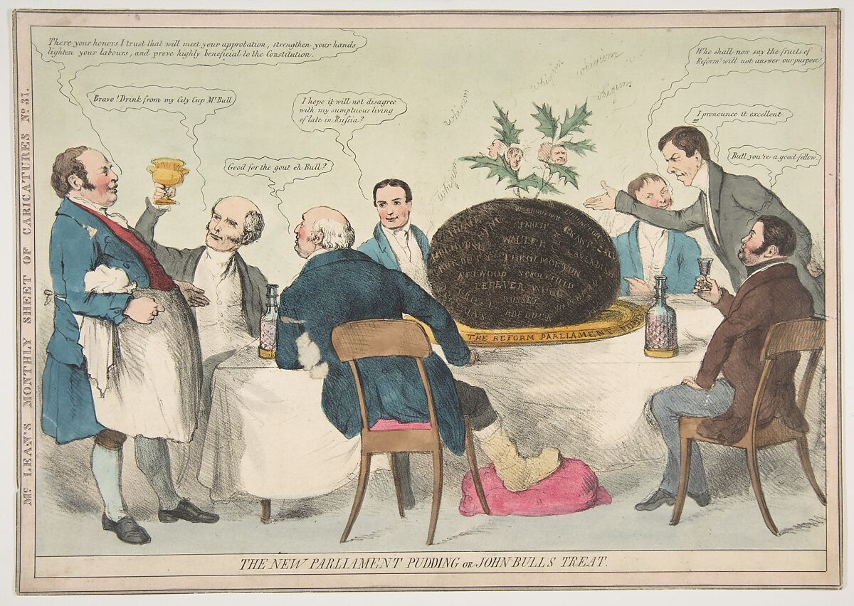 The New Parliament Pudding or John Bull's Treat, Anonymous, British, 19th century, Hand-colored lithograph 